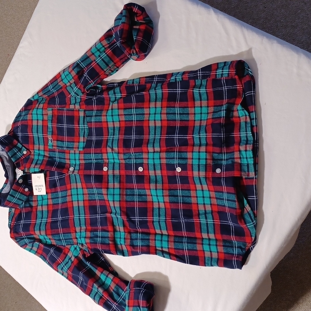 CROWN & IVY KIDS BOYS XL PLAID RED, NAVY, GREEN BUTTON UP NWT